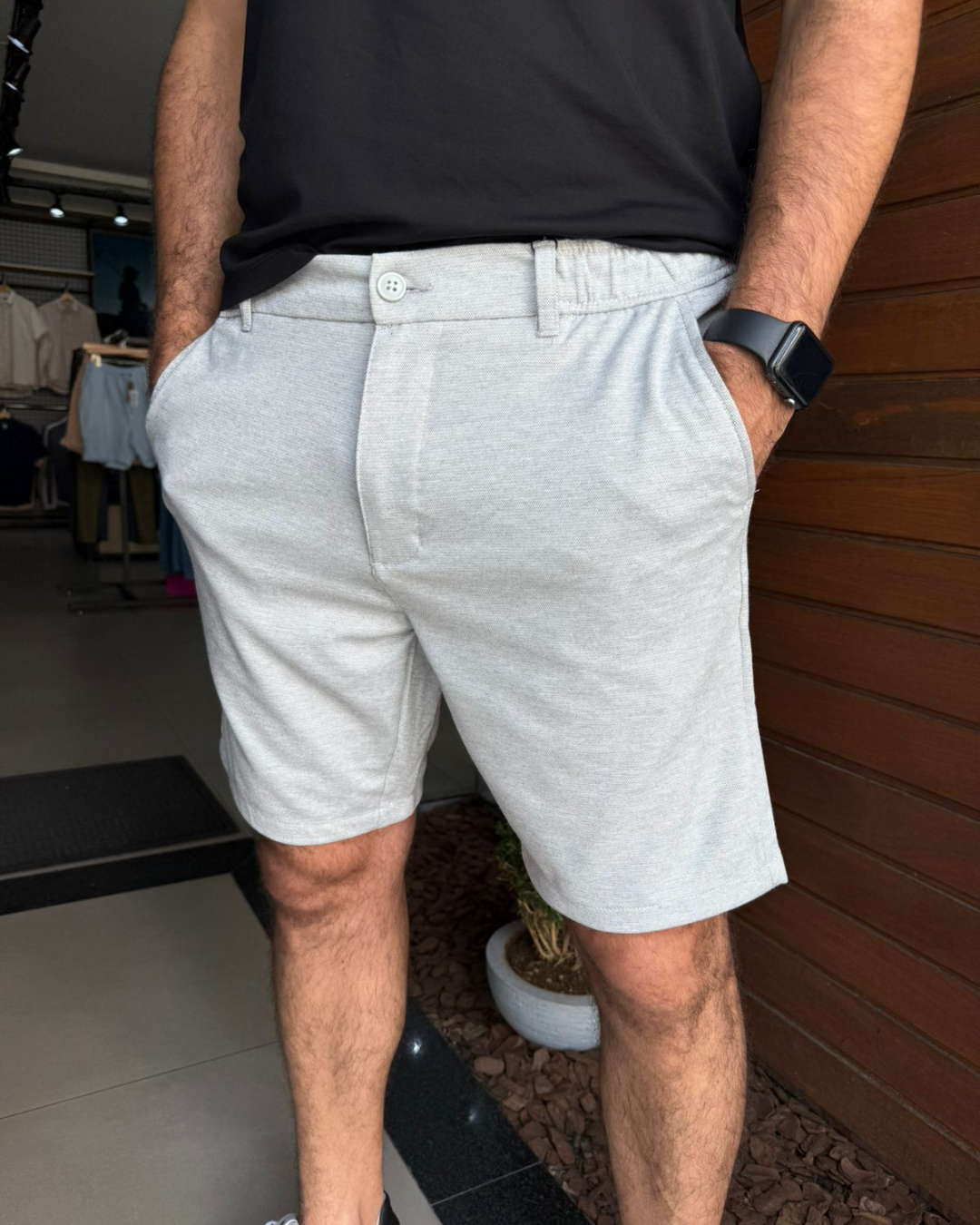 Bermuda Alfaiataria Bolso Faca Masculina Malha Confortável Leve Cós Elastico Cinza Claro